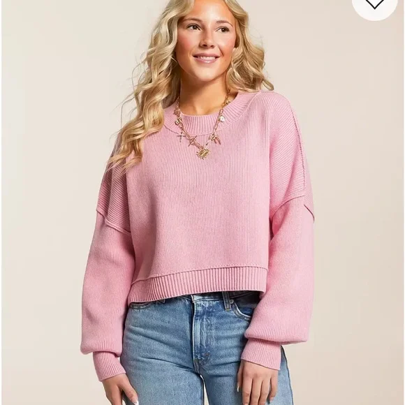 Free People Pink Easy Street Cropped Sweater Size XL - Picture 2 of 5